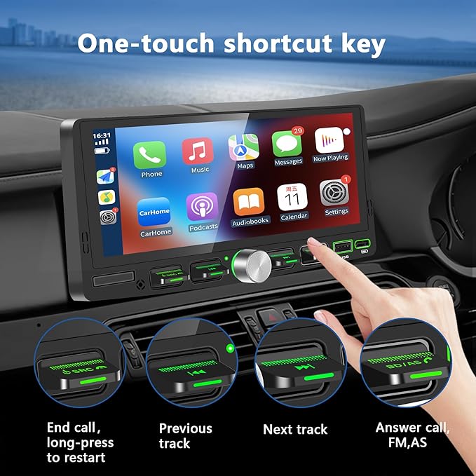 Single Din Touchscreen Radio with Wireless Apple CarPlay & Android Auto, 6.9" IPS Car Stereo with Bluetooth, Mirror Link, FM/AM,EQ, USB/Type-C, SWC, HD Backup Camera, Microphone for Car Audio Upgrade