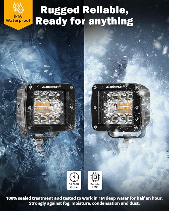 Auxbeam 6 Modes Amber White Series 3-Inch LED Cubes 72W Offroad Pod Lights | Flashing strobe function, Spot flood combo, Dual color light bar, Memory reset, A-pillar ditch lights, Bumper fog lights