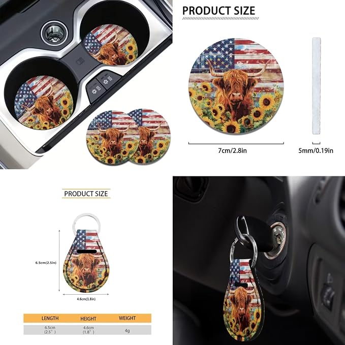 Highland Cow Sunflower American Flag Car Seat Cover Full Set 12 Pcs,Universal Fit 15 Inch Polyester Steering Wheel Cover Seat Belt Pads Armrest Cushion Keychain Car Coaster Automotive Interior