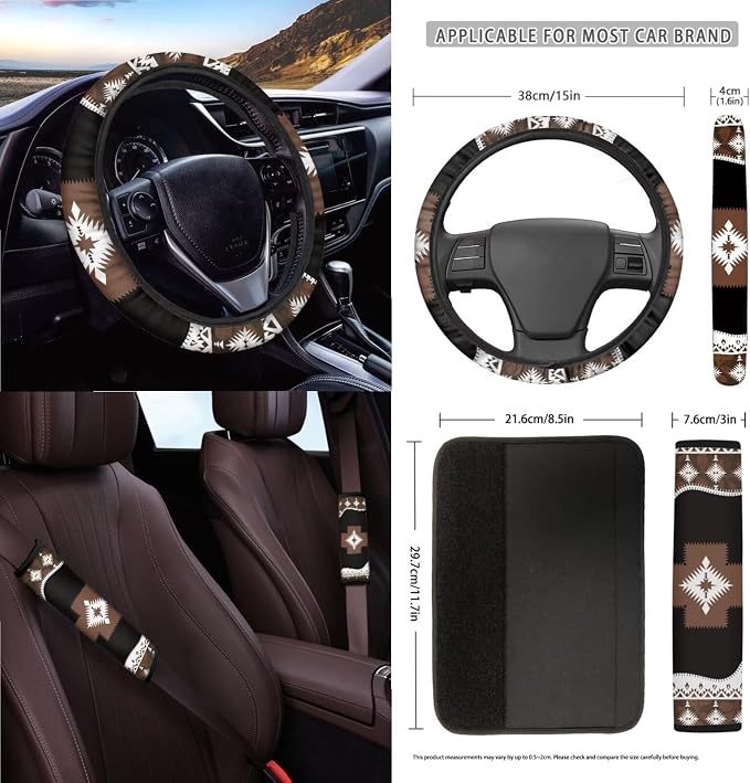 Wanyint Aztec Brown Black Car Front Back Seat Covers Full Set with Car Steering Wheel Cover Safe Belt Pads Cup Coasters Garbage Cans Rear View Mirror Cover Keychain Air Vent Storage Holder, Set of 15