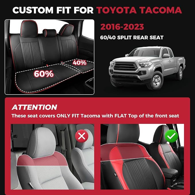FREESOO Leather Car Seat Covers Fit for Toyota Tacoma 2016-2023 Full Coverage Seat Cover for Double/Crew Cab SR/SR5/Limited/TRD Pro/TRD Sport, Pickup Truck Seat Covers (5 Seats, BlackRed)