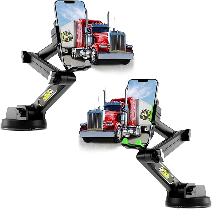 Gray Big Rig Truck Phone Mount & Green Big Rig Truck Phone Mount, Heavy Duty Cell Device Holder for Dashboard Windshield 16.9 inch Long Arm, Stable and Super Suction Cup (2 Device Mounts)