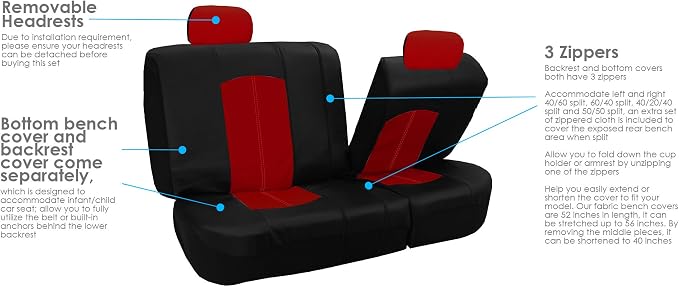 FH Group Automotive Seat Cover Highest Grade Faux Leather Red Black Full Set, Combo Car Seat Cover Design Airbag Compatible Split Bench Tan Car Seat Covers Interior Accessories Universal Fit Truck SUV