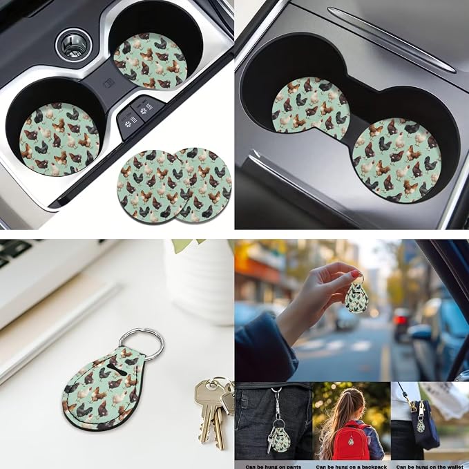 Rooster 12 Pcs Car Seat Covers with Steering Wheel Cover,Seat Belt Covers Cup Holder with Keychain Novelty Automotive Protector Set Universal Fit Automotive Most Cars