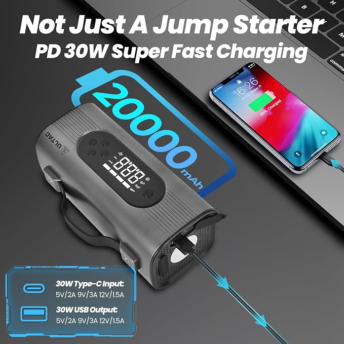 8 in 1 Jump Starter with Air Compressor 2000A Mini Vacuum Cleaner, 12V Batterty Jumper Starter Portable (All Gas/10L Diesel)150PSI Air Pump for Inflation/Deflation Tire Inflator with 4 Modes LED Light
