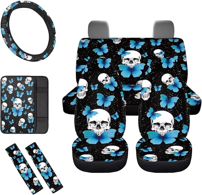 8 Pcs Blue Butterfly Skull Car Seat Covers Full Set Car Accessories for Women Front Seat Cover Steering Wheel Armrest Cover Seat Belt Cover for Auto SUV Interior Decoration