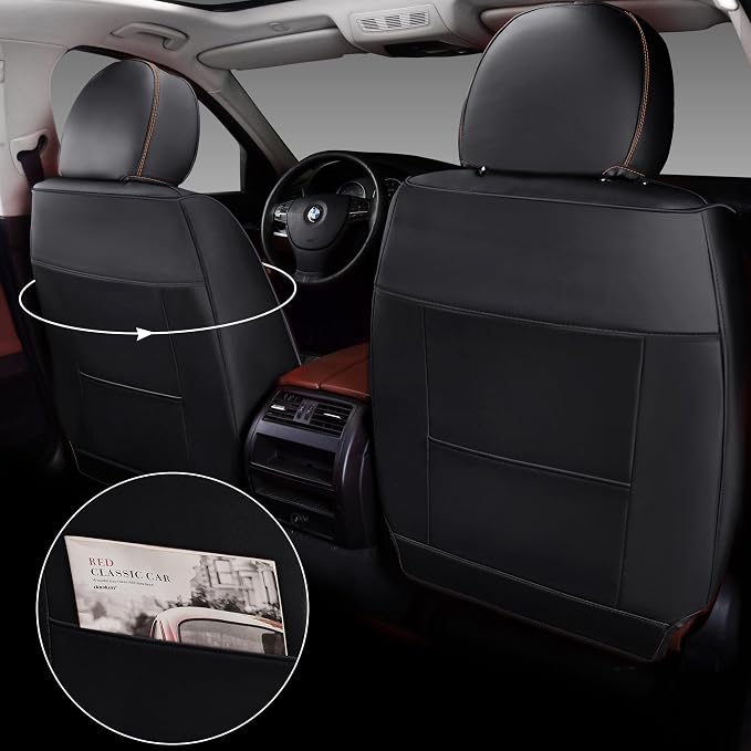 BGYFDU03 Seat Cover 5-Seater Full Set, Universal Type, Suitable for Most Cars Pickup Ttrucks Airbags Compatible with Synthetic Leather Car Seat Cushion Protectors (Black-Orange)
