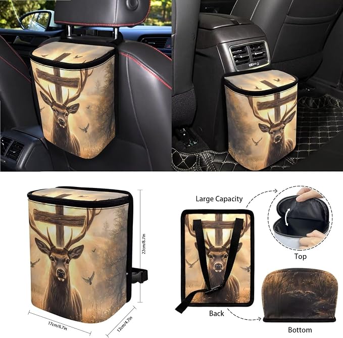 Wild Deer with Cross Print 15 PCS Car Accessories, Universal Auto Seat Protector Steering Wheel Cover Seatbelt Strap Covers Trash Can Cup Holders Rearview Mirror Cover Keychain
