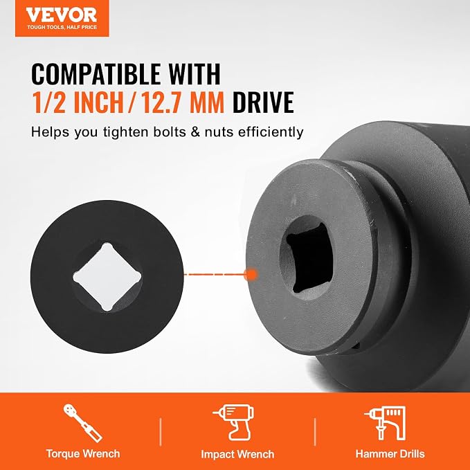 VEVOR Axle Nut Impact Socket Set - 1/2" Drive 6-Point 4-Piece SAE Spindle Nut Socket CR-MO Heat Treated Large Socket Set with Storage Case for Auto Repair, Removing or Installing Axle Nuts