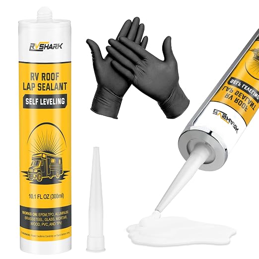 RV Roof Sealant, 30 Seconds Self Leveling Lap Sealant – White, Fast Curing Waterproof Flexible Caulk RV Sealant with Gloves for Camper Trailer Roofs Maintenance Repair