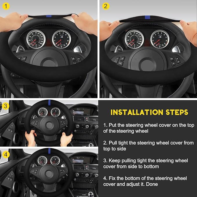 Suede Steering Wheel Cover with Upgraded Silicone Inner Ring, Breathable, Anti-Slip, Leather Universal 14.5 to 15 Inch Steering Wheel Cover (Black with Blue Mark)
