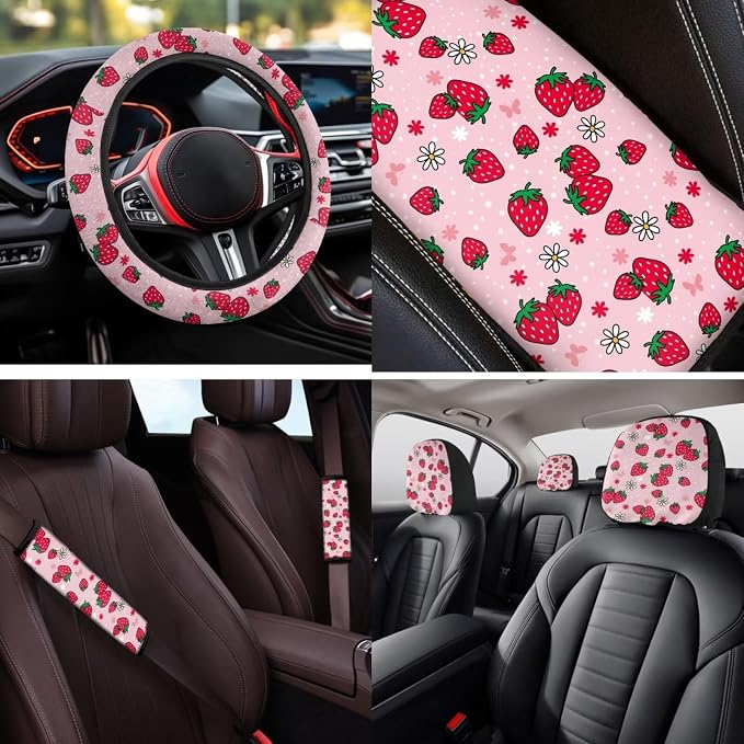 Bulopur Strawberry Pink Car Seat Covers Full Set with Matching Steering Wheel Cover American Flag Car Interior Decor Set for Truck Van Sedan Car Armrest Cover Seat Belt Covers Coasters