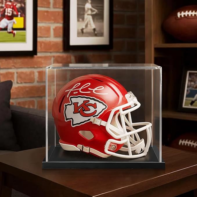 Mini Football Helmet Display Case with Clear Acrylic Cover and Black Solid Wood Base, Great for Sports Enthusiast, Diecast Cards Collectibles Dolls Figurines (Not Full Size)