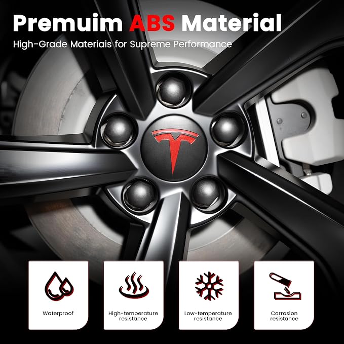 4 Pack Car Wheel Center Hub Cap Kit with 22 Lug Nut Covers, 2.2 in (56mm) Wheel Rim Covers Center Hubcaps with Emblem for Model 3 / Model Y, Matt Black & Red Exterior Decoration for Tesla