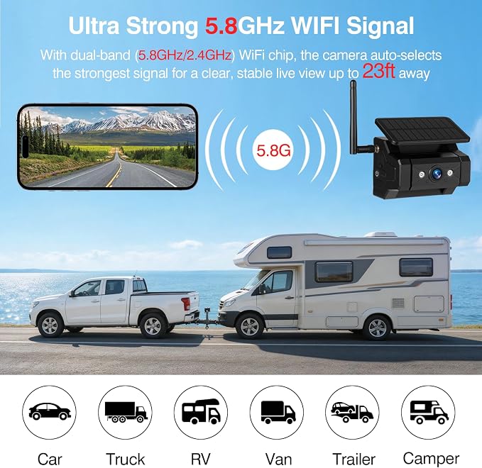 Magnetic Solar Wireless Backup Camera, 1080P WiFi Hitch Camera for Truck RV Car, 9600mAh Rechargeable Battery Rear View Camera, IP69 Waterproof, IR Night Vision, Compatible with iPhone, iPad, Max 23FT