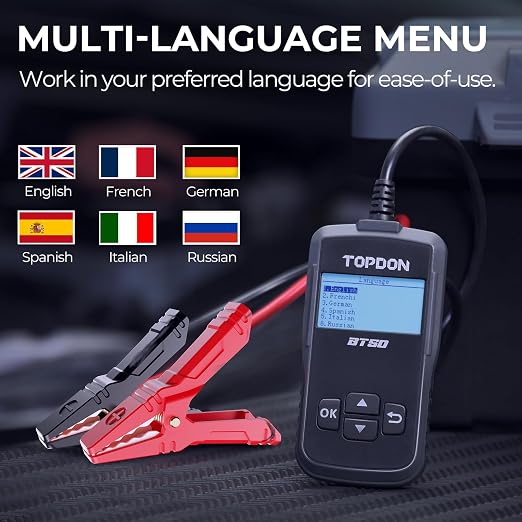 Car Battery Tester TOPDON BT50, 12V Battery Load Tester, 100-2000 CCA Automotive Alternator Tester Digital Battery Analyzer Charging Cranking System for Car Truck Motorcycle ATV SUV Boat Yacht