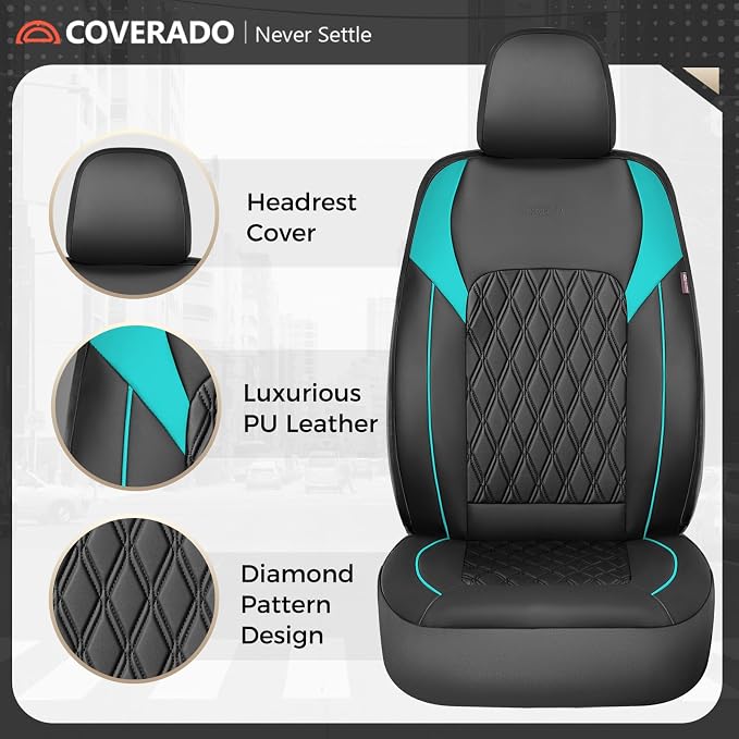 Coverado Seat Covers Full Set, Faux Leather Car Seat Covers for Cars, Waterproof Car Seat Cover, Universal Seat Covers, Car Seat Protector Car Seat Cushion Universal Fit Most Cars Trucks, Black&Blue