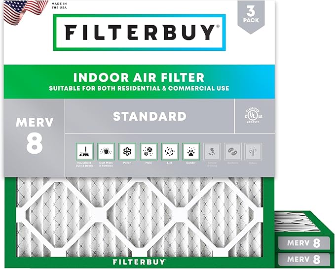 Filterbuy 12x12x1 Air Filter MERV 8 Essential Dust & Allergy Defense (3-Pack), Electrostatic Pleated HVAC AC Furnace Filters Replacement (Actual Size: 11.75 x 11.75 x 0.75)