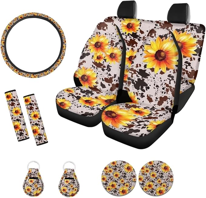 Xoenoiee Sunflower and Cow Skin Print 11 Pcs Universal SUV Car Seat Covers Auto Interior Accessories Full Set with Steering Wheel Covers, Seat Belt Pads, Key Chain, Car Cup Mat