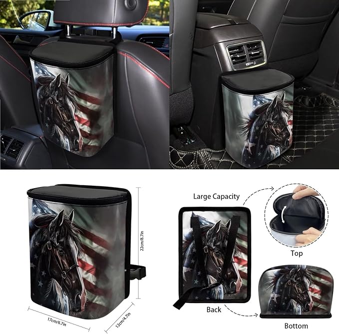Horse American Flag Pattern Automobile Interior Sets Front and Rear Seat Covers for Cars Steering Wheel Cover Seat Strap Pads Rubbish Can Cup Coasters Air Outlet Pocket
