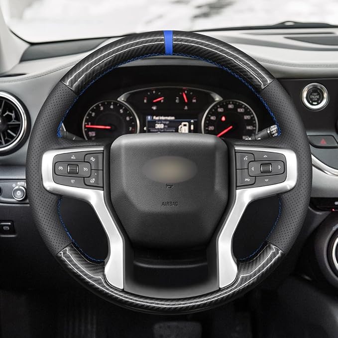 MEWANT Steering Wheel Cover for Chevy Silverado 1500 2019-2024/2500 3500 2020-2024/Blazer 2019-2024/Suburban Tahoe 2021-2024 Carbon Fiber Hand-Stitched Steering Wheel Wrap