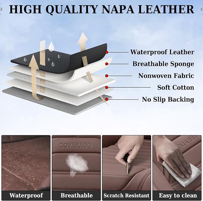 Car Seat Covers Full Set, Brown Seat Covers for Cars, Automotive Seat Covers, Waterproof Nappa Leather Front Seats and Back Car Seat Protector, Universal Fit for Most Cars SUV Trucks