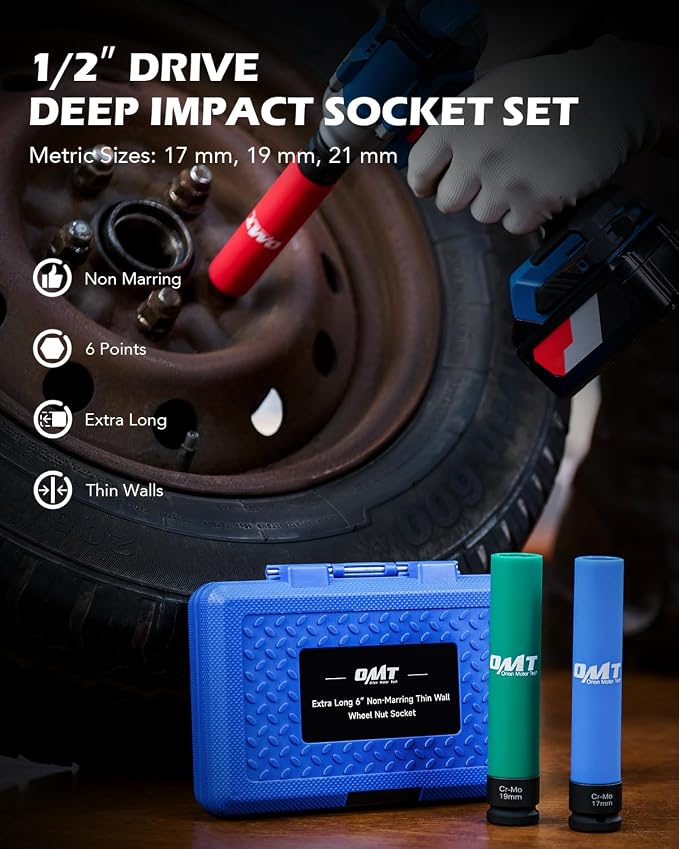 Orion Motor Tech 5pc 1/2" Drive Lug Nut Socket Set, Metric 17 19 21 mm & SAE 13/16 7/8 in. Wheel Socket Set and 3pc 1/2" Drive Extra Long Impact Sockets with 17mm 19mm 21mm Metric Sockets, Bundle