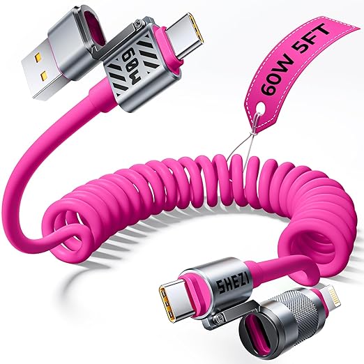 Coiled Pink Cable 4-in-1 USB C Cable 60W Compatible with Lightning Cable Fast Charging & Data Transfer, Support to CarPlay & Android Auto, 5FT Multi Cord Combo Charger for iPhone/iPad