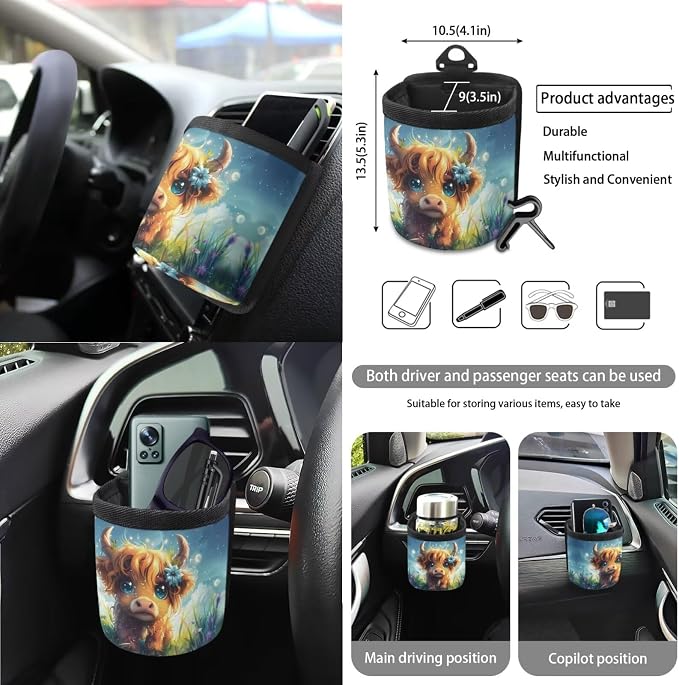 Cute Cattle Floral Print Car Seat Covers 15Pcs Full Set Car Steering Wheel Cover Seat Belt Cover Trash Bin Air Vent Storage Box Rear View Mirror Car Cup Holder Keychain