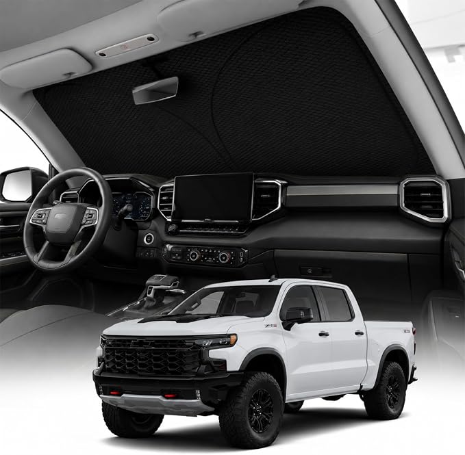 REEVAA 2026 3rd Pro Windshield Sunshade for 2019-2026 Chevrolet Silverado 1500 | Dual-Layer Heat & Sun Defense, OEM Design | Foldable Sun Shade Car Accessories with Storage Bag