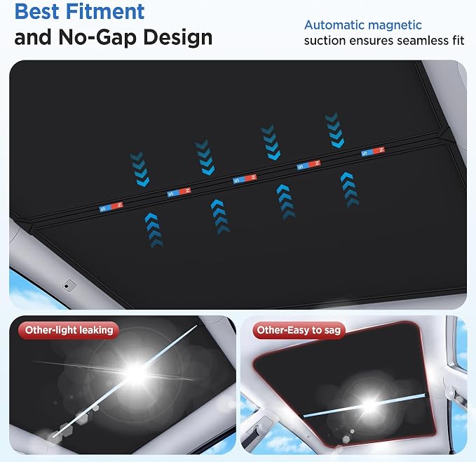 2026 Upgrade Sunshade Roof for Tesla Model Y 2020-2024 [No-Gap/Sag-Free] Heat Insulation Glass Roof Sunshade Sunroof for Tesla Model Y Accessories 2024 2023 2022 2021 2020 Black