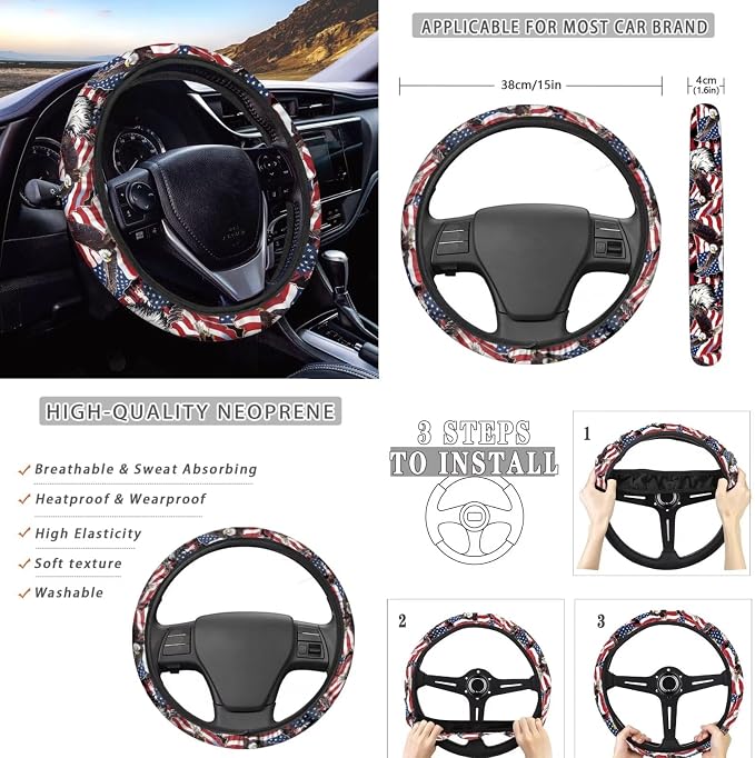 Wanyint Car Accessories 12 PCS, with Car Seat Covers Steering Wheel Seat Belt Pad Armrest Handbrake Gear Shift Cover Coasters 4th of July Universal Auto Interior Decor, American Flag Eagle Print