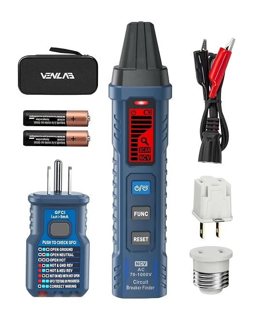 VENLAB Circuit Breaker Finder with LCD Display, GFCI Outlet Tester, 90-130V Electrical Circuit Tracer Tool with NCV Tset & Flashlight, Includes Carrying Case with Adapter, Alligator Clips