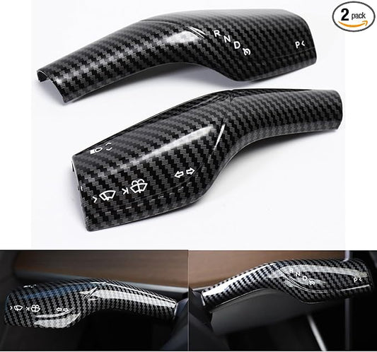 Fit Steering Wheel Column Cover for Tesla Model 3 Model Y, Gear Shift Cover Car Column Shift Knob Protection Cover Car Decor Interior 2pcs(Glossy Carbon Fiber Pattern)