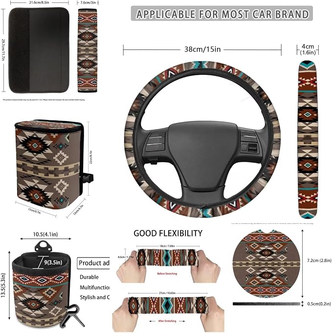 Dreaweet Geometric Aztec Car Seat Covers Full Set 15 Pcs Native American Tribal Seat Covers with Steering Wheel Cover Seat Belt Pads Trash Bag Air Vent Pouch Rear View Mirror Cover Coasters Keychain