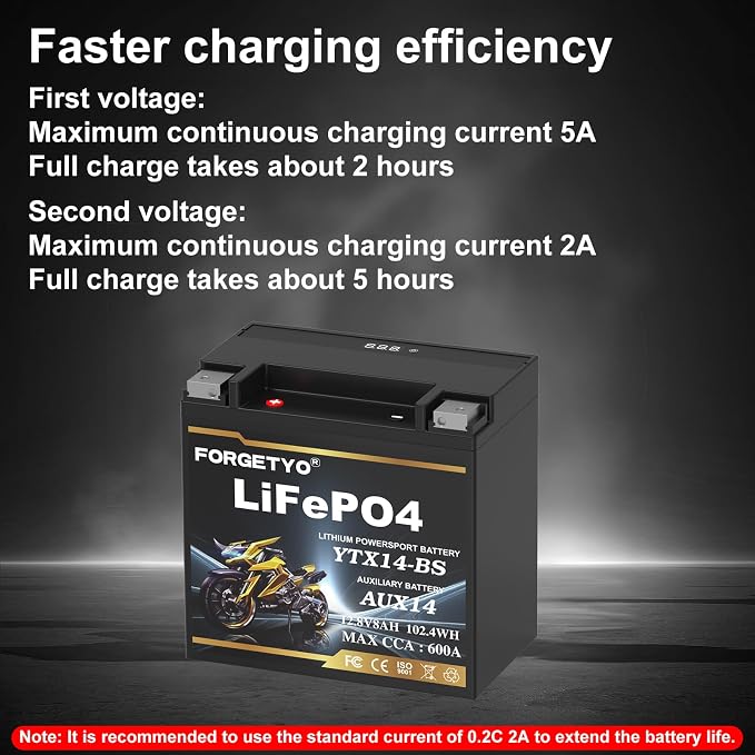 Lithium Motorcycle Battery, Forgetyo YTX14-BS 12.8V 8AH 600A LiFePO4 AUX14 Auxiliary Batteries, ATV UTV Jet Ski Snowmobile Battery