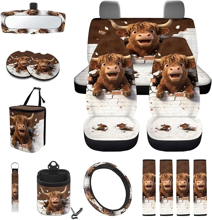 Wanyint 15 PCS Car Seat Covers Set for Women, with Steering Wheel Rear View Mirror Cover Seat Belt Pads Trash Bin Sunglass Pocket Coasters Key Chain Car Accessories, Funny Highland Cow Brown