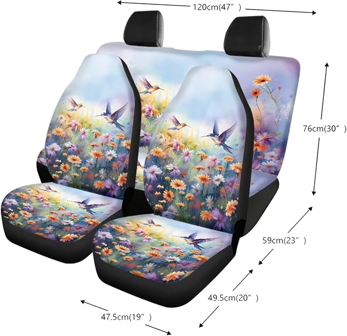 Hummingbird Daisy Pattern 13 Pieces Car Accessories, Car Front and Rear Seat Covers Full Set with Safe Belt Pads, Non Slip Steering Wheel Cover Washable Coasters with Notch