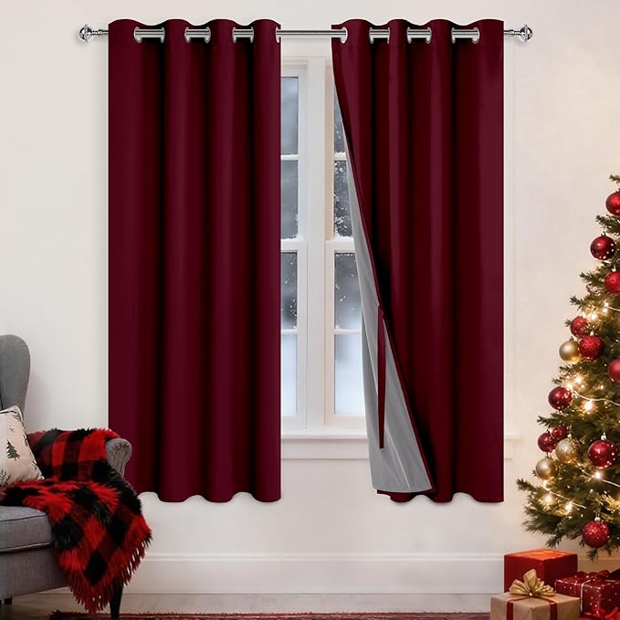 XWZO Full Shading Blackout Curtains 63 Inches Length - Heat and Light Blocking Ring Top Window Drapes with Black Liner Backing for Bedroom Sewn with Tiebacks, Burgundy, W52 x L63, Set of 2 Panels