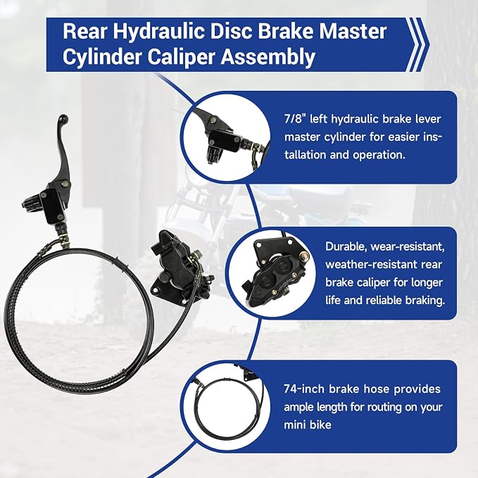 Mini Bike Rear Hydraulic Brake Kit Compatible with Trailmaster Hurricane 200x MB200-2 196cc 6.5hp 6hp Minibike with Brake Caliper 7/8" Left Master Cylinder Hardware Parts