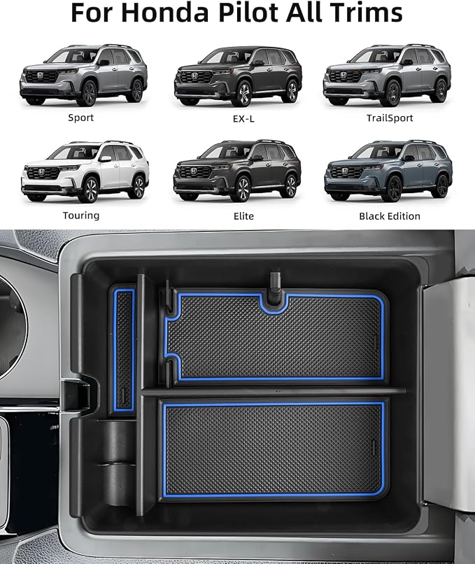 Armrest Organizer for 2025 2024 2023 Honda Pilot/2024 2025 Ridgeline/2024 2025 2026 Passport, Center Console Organizer, Center Console Tray Custom for Honda Pilot Accessories, Blue