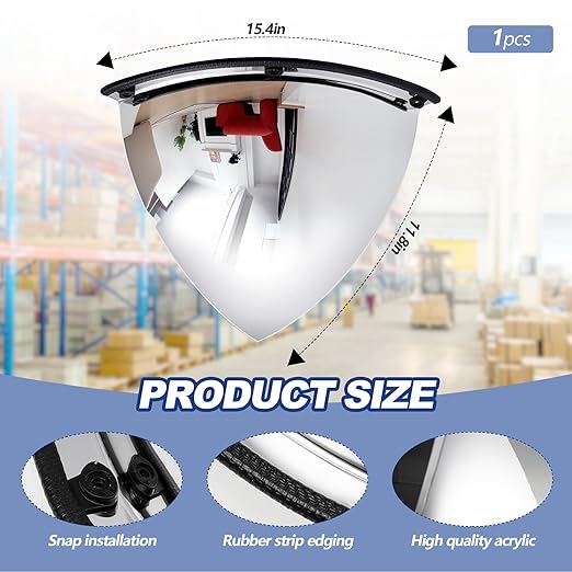 Suzile 1 Pieces 18 Inch Acrylic Quarter Dome Mirror Convex Corner Safety Mirror High Viewing Angle Blindspot for Wall Warehouses Offices Retail Stores Parking Garages