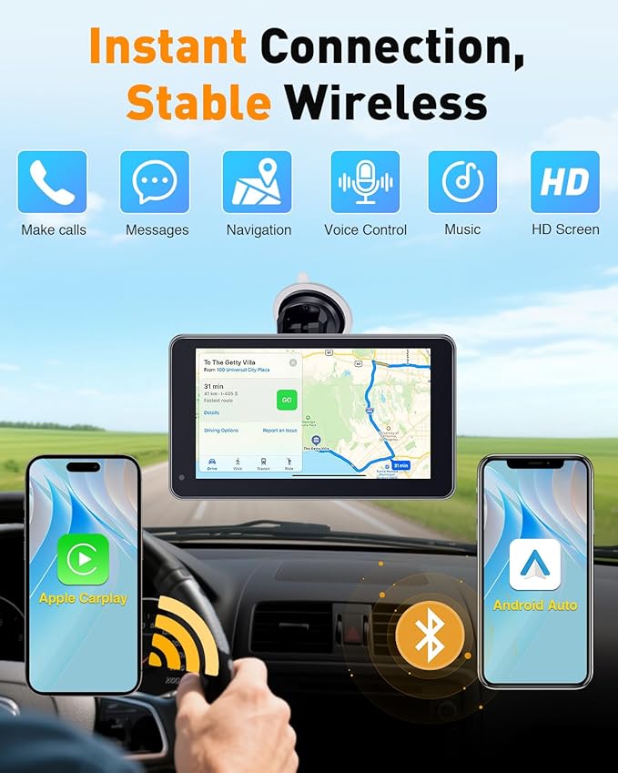 7” Wireless Apple CarPlay & Android Auto Screen - Portable Car Display with AirPlay, Screen Mirroring, FM/AUX Audio, Easy to Install, Convenient Upgrade for Older Cars, Families, Commuters