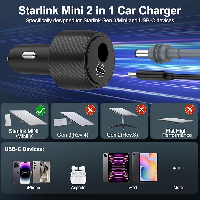 Starlink Mini Car Adapter with 3M Power Cable,2 in 1 Cigarette Lighter Adapter,Starlink Mini Step Up Booster[12-24V Input,36V/1.67A Output] Compatible with Car, RV,Truck,Boat