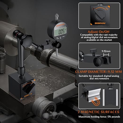 Magnetic Base Stand Holder for Dial Indicator - 176lbs/80kg Max Pull, 3 Adjustable Joints, 3/8 Inch Steel Stable Holder for Machine Tool Processing & Precision Inspection