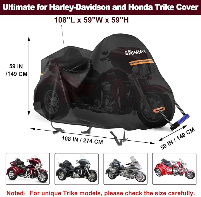 Trike Motorcycle Cover, Waterproof Outdoor Storage Cover for 3-Wheel Motorcycles, Heavy Duty 420D Oxford Fabric Shelter with Zipper for Antenna, Rain Snow Protection