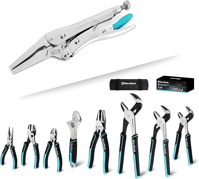 DURATECH 6-1/2Inch Long Nose Locking Pliers & DURATECH 8-Piece Pliers Set