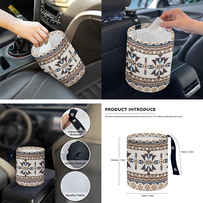 Earthy Tribal Car Seat Covers Set of 15 with Universal Steering Wheel Cover, Rearview Mirror Cover, Car Trash Can, Seatbelt Pads, Cup Holder Coasters, Keychains