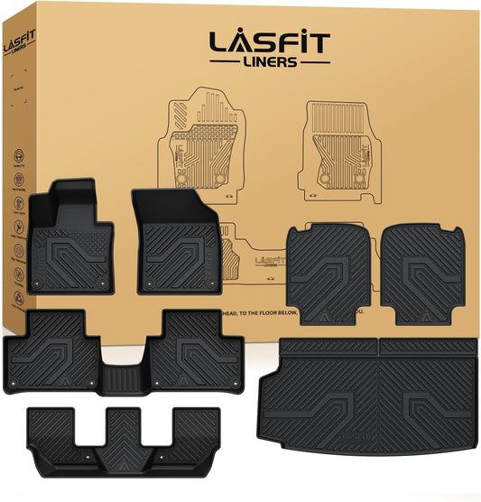 LASFIT Floor Mats & Cargo Mat & Backrest Mats for Volvo XC90 2016-2026 (Only for 7 Seats & PHEV) All Weather TPE Mats Custom Fit Floor Liner for XC90 1st & 2nd & 3rd Row Car Mats & Cargo Liner, Black