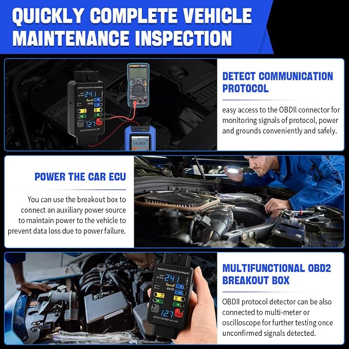 OBD2 Breakout Box, Auto OBDII Protocol Detector 16-Pin CAN Bus Test Breakout Box, 24V to 12V Heavy Duty Truck Adapter for Car ECU Tool Maintenance/Diagnosis/Programming/Coding (Breakout Box+Wire)
